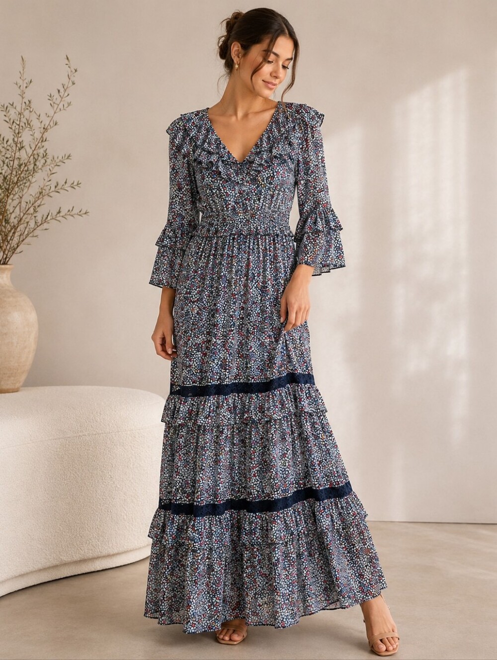LoveBird Floral Boho Maxi Dress Navy Ruffle Bell Sleeve Lace Trim Size S